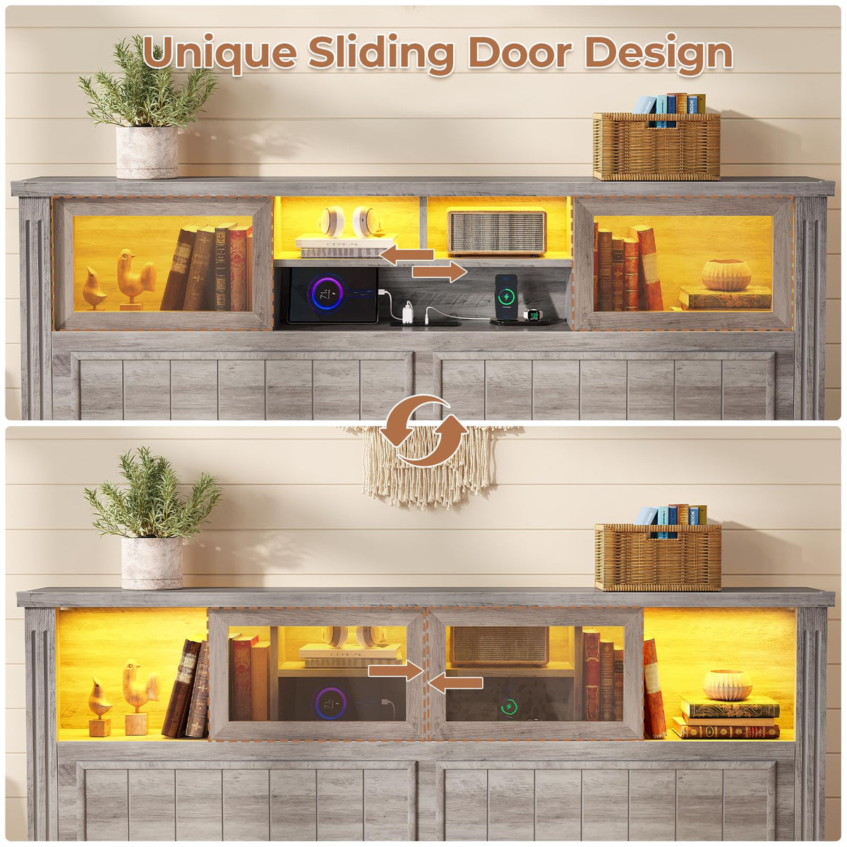 Bed Frame with Storage 4 Drawers and 3-Tier Hidden Headboard, Farmhouse Wooden Bed Frame with Acrylic