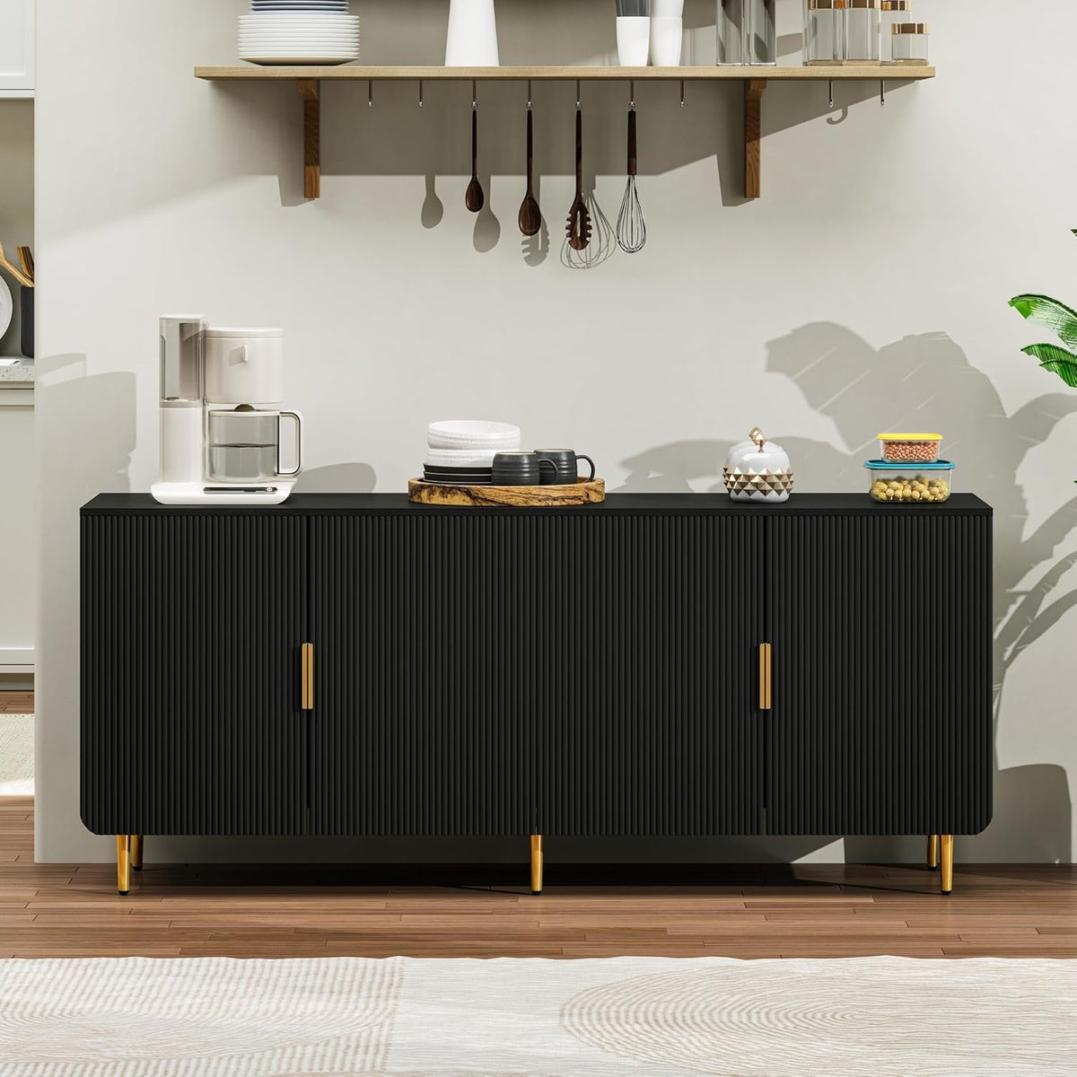 65" Fluted Sideboard Buffet Cabinet with Storage, Console Cabinet with 4 Doors & Adjustable Shelves