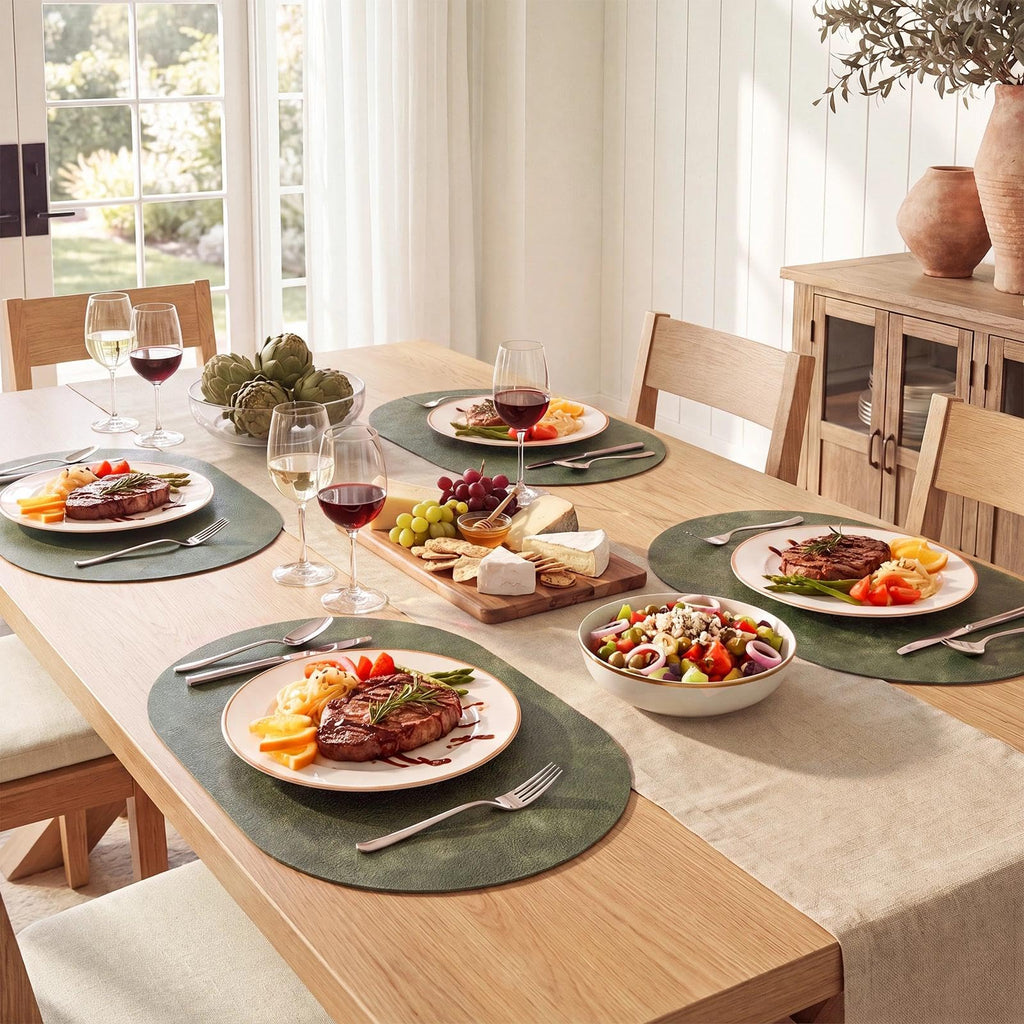 Vinyl Faux Leather Oval Placemats, Set of 6, Olive Green