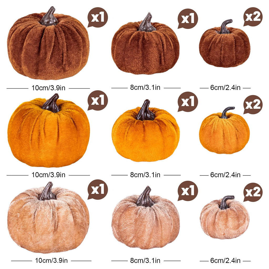 12Pcs Fall Faux Velvet Pumpkins Thanksgiving Harvest Artificial Fake Pumpkin Rustic Assorted Sizes Orange Brown Khaki