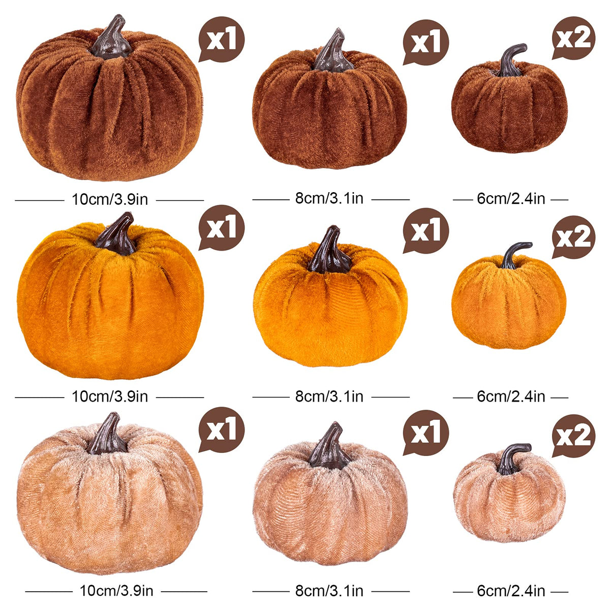 12Pcs Fall Faux Velvet Pumpkins Thanksgiving Harvest Artificial Fake Pumpkin Rustic Assorted Sizes Orange Brown Khaki