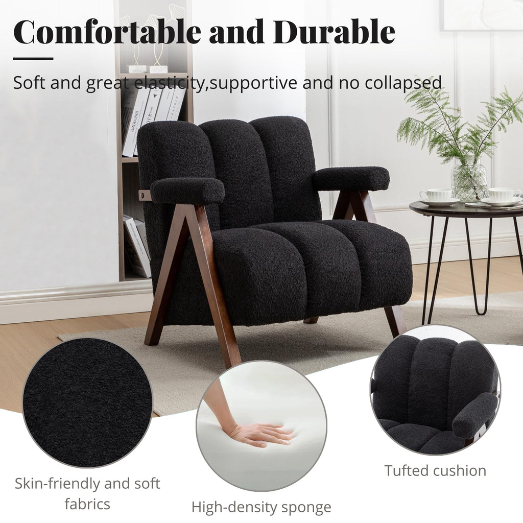 Mid Century Modern Accent Chair with Solid Wood Frame, Boucle Upholstered Living Room Chairs with Thick Cushion