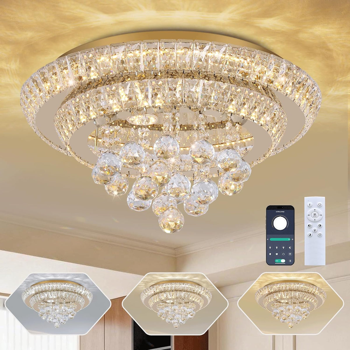 18 Inch Smart Crystal Chandelier with Remote and App Control