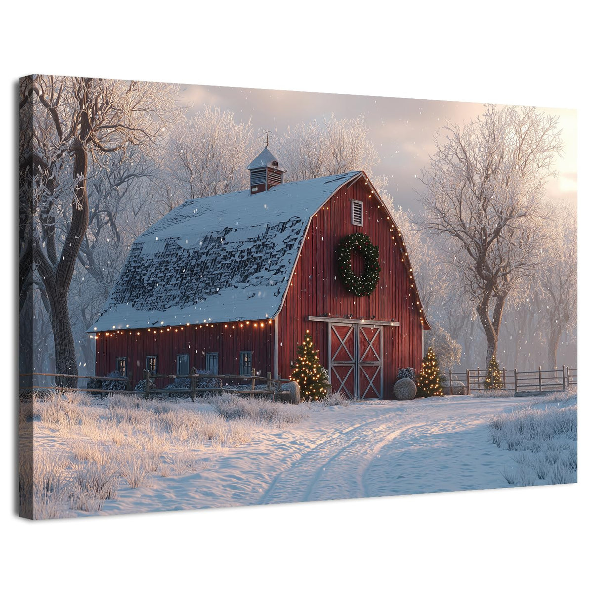 Nature Farmhouse Canvas Wall Art Red Barn Poster Christmas Tree Prints Picture Rustic Country Snow Pictures Wall