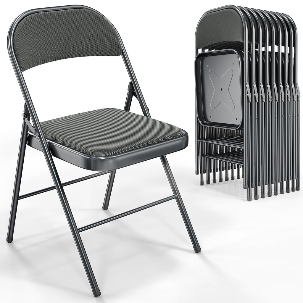 10 Pack Folding Chairs with Padded Seats, Metal Frame with Fabric Seat & Back, Capacity 350 lbs, Gray, Set of 10