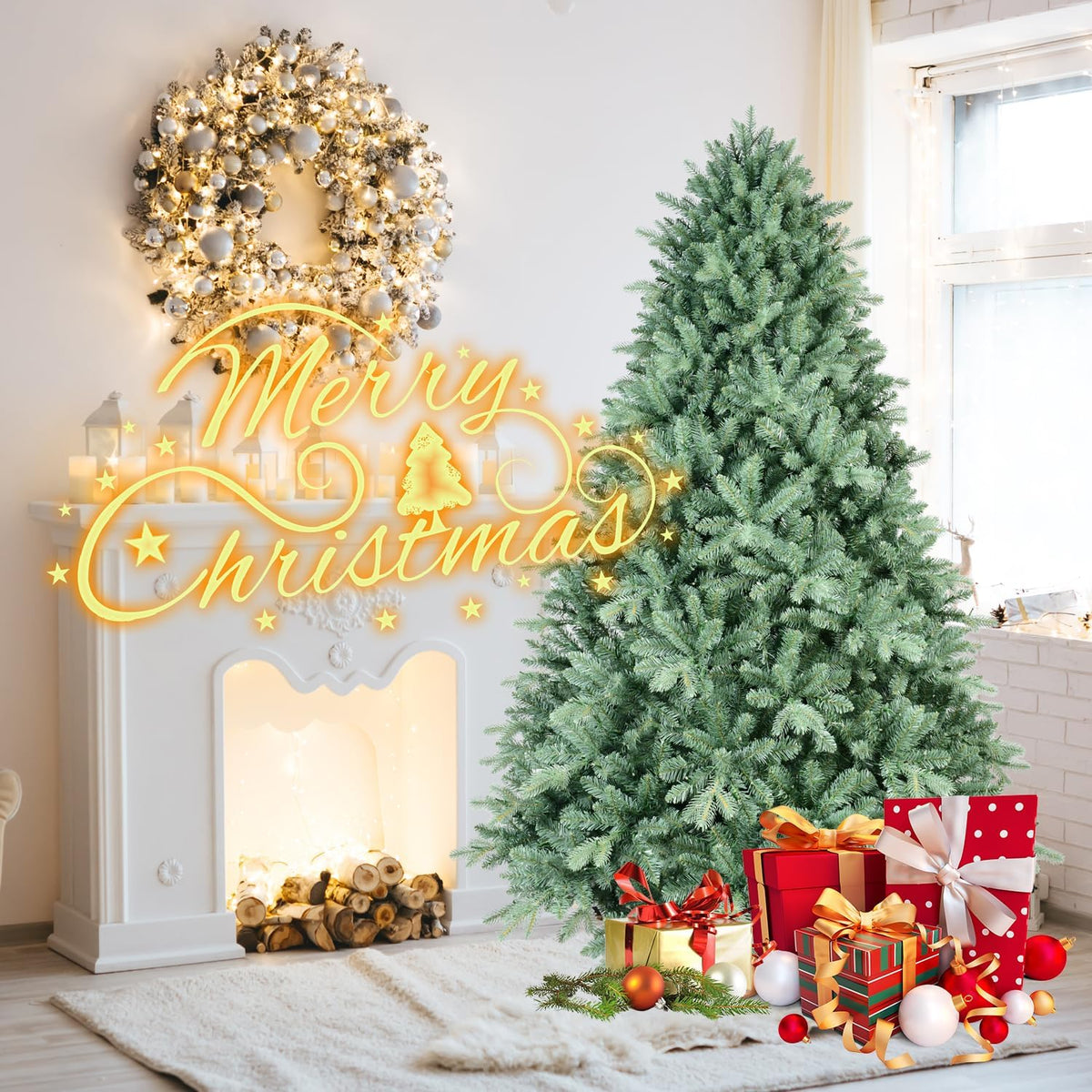 Blue Spruce Artificial Christmas Tree, Premium Xmas Tree w/ 3308 PE+PVC Mixed Branch Tips, Full Unlit Hinged