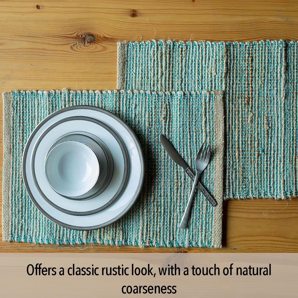 Natural Jute & Aqua Turquoise Placemats, Set of 4 - Rustic Handmade Boho Table Mats, 13x19 in Dining Table Placemats