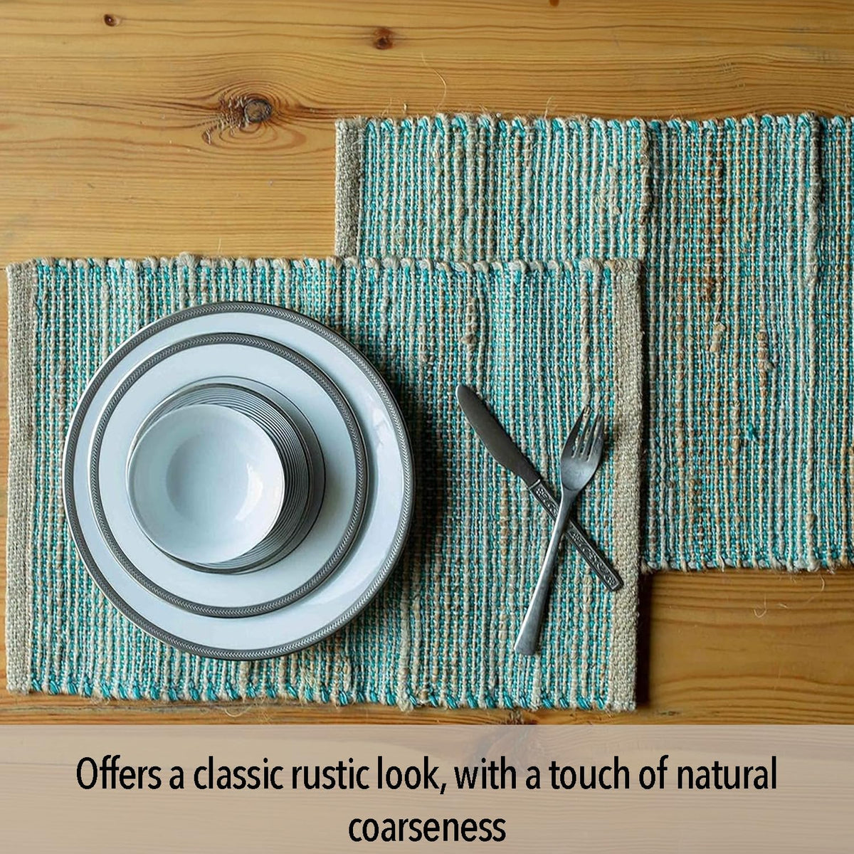 Natural Jute & Aqua Turquoise Placemats, Set of 4 - Rustic Handmade Boho Table Mats, 13x19 in Dining Table Placemats