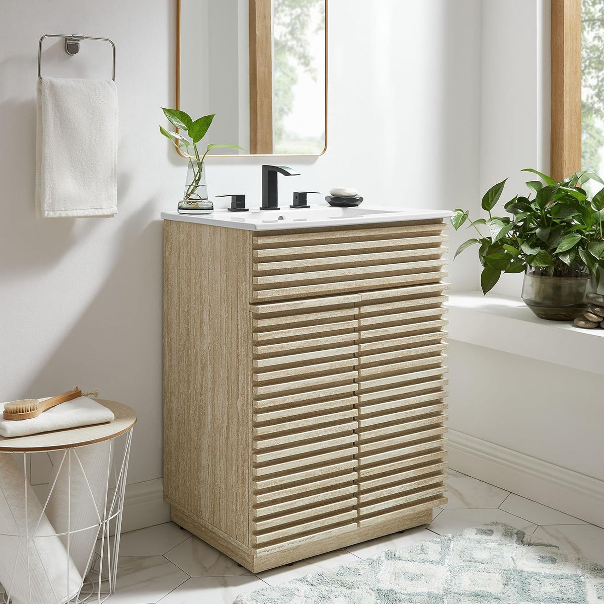 24-Inch Bathroom Vanity with Sink Combo – Faux Travertine Slatted Design, Mid-Century Modern Cabinet with Soft-Close Doors, White