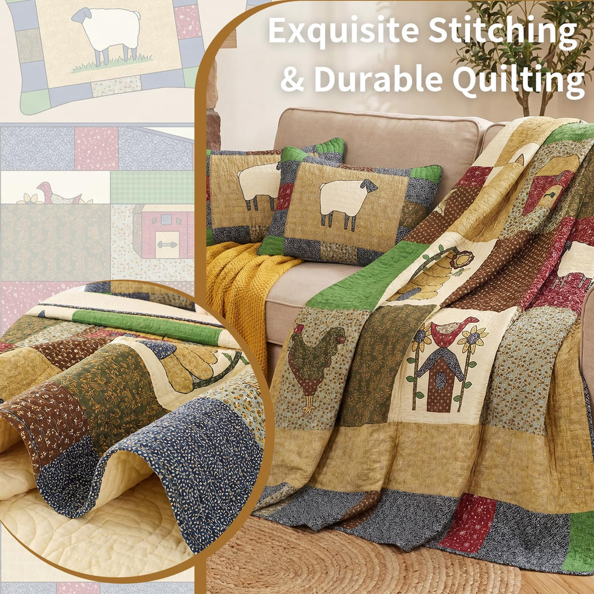 100% Cotton Patchwork Quilt Set, Farmhouse Bedding, 3-Piece