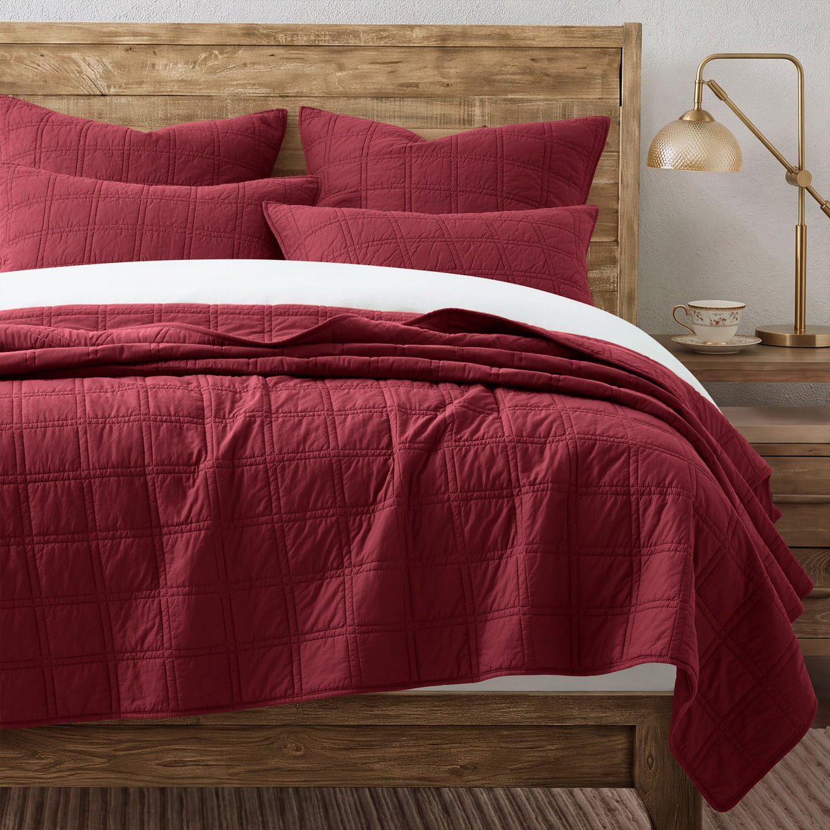 100% Cotton Quilt Set, Burgundy Red Pre-Washed Bedspreads Coverlet Set in Geometric Pattern, Cozy