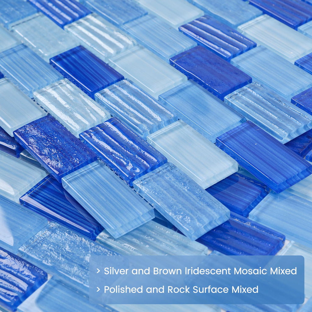 Glass Tile Mosaic Backsplash Mixed Blue 12 x 12 Inch Glossy Pool Glass Tile Square Mosaic Tiles for Swimming Kitchen