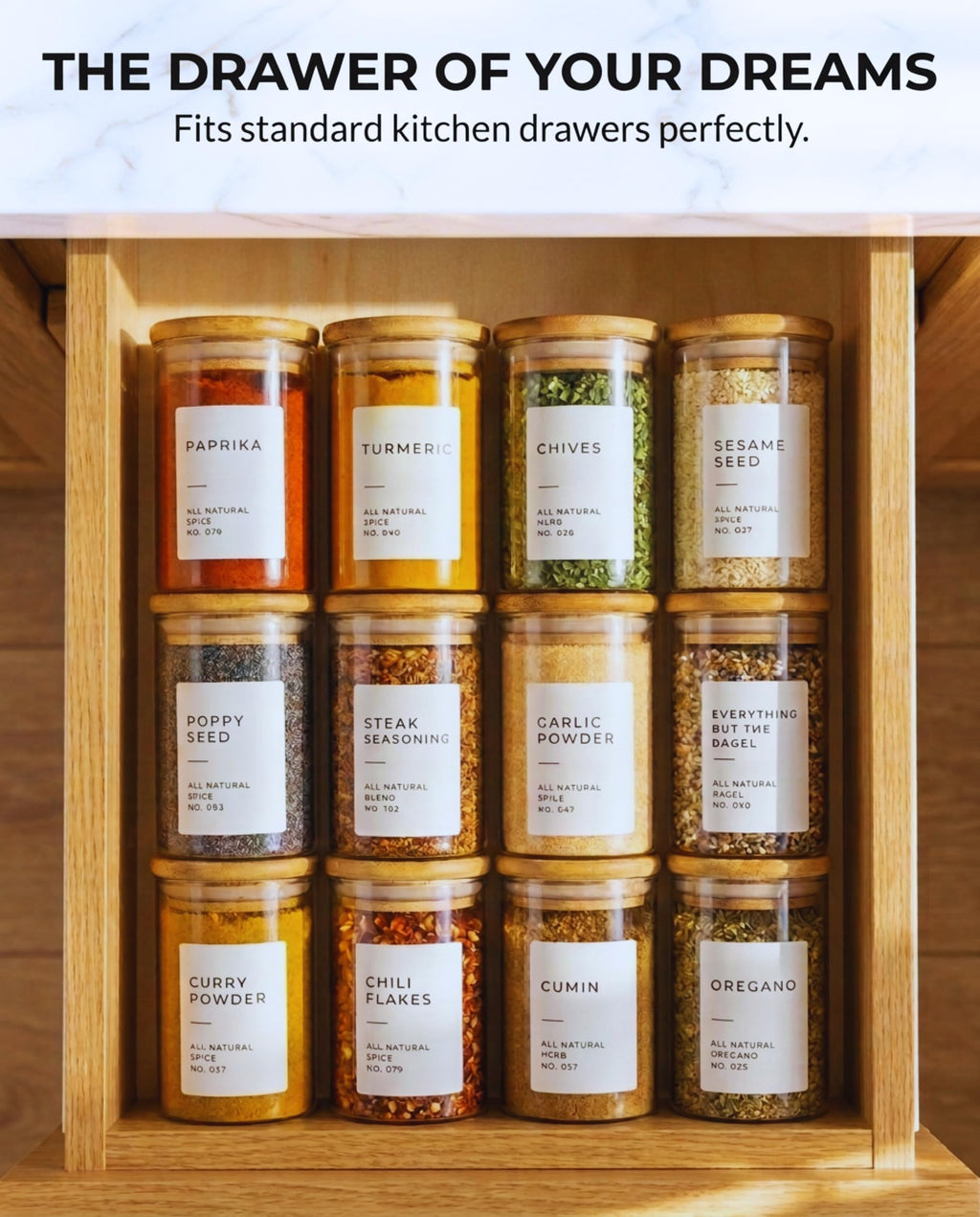 Glass Spice Jars with Label Pack (12x Bamboo Lid Glass Jar) Small 6oz Empty Spice Storage Bottles with 112 Printed