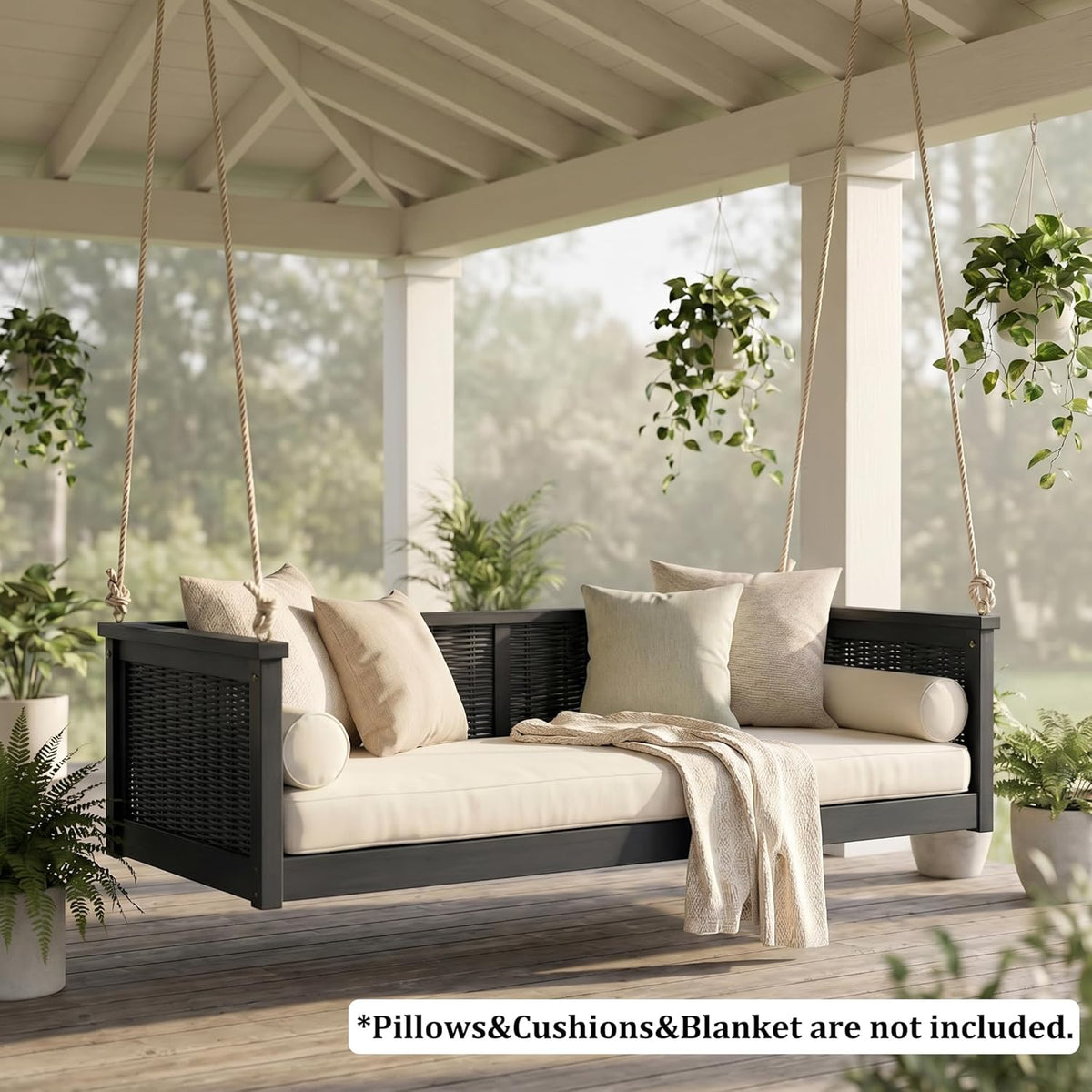 79.5in Acacia Wood Porch Swing Bed, Rattan Hanging Outdoor Daybed, Black | Hand-Woven Rattan And Acacia Wood Frame;