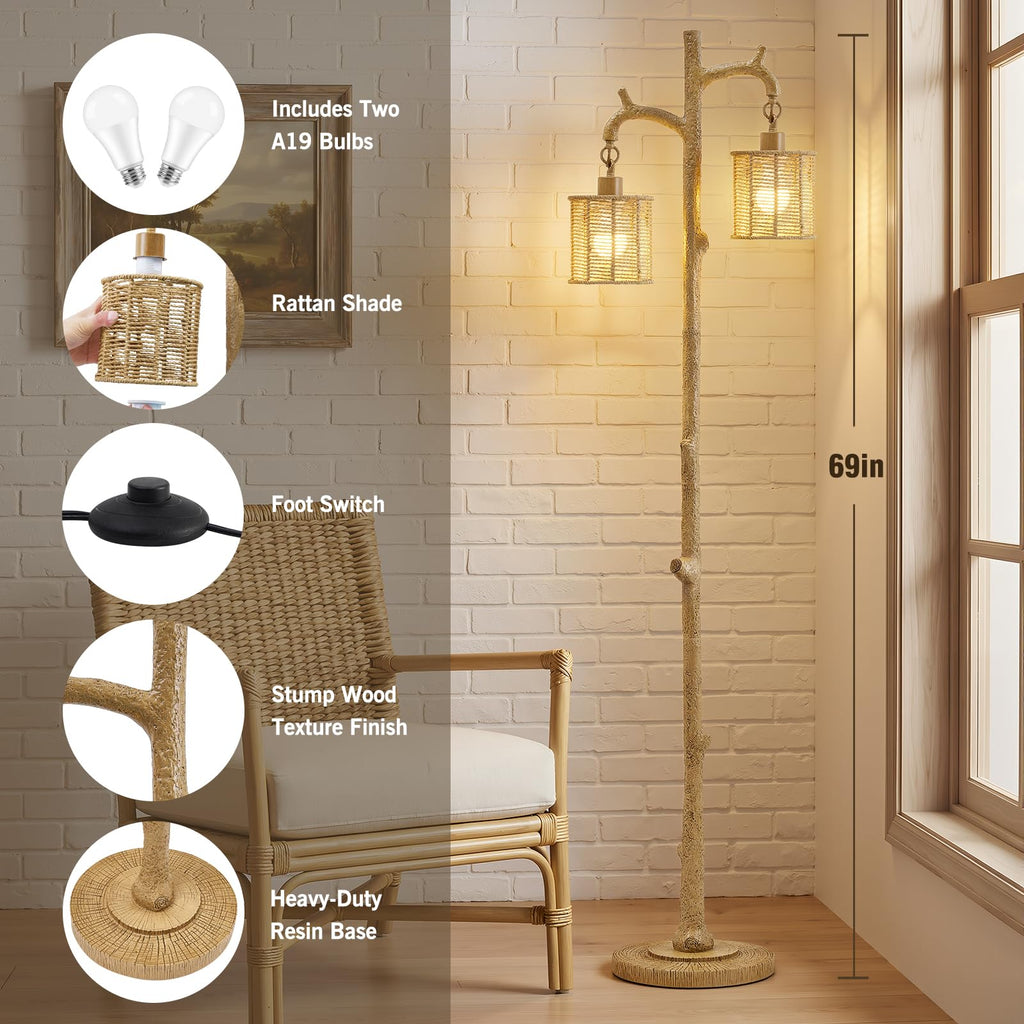 Floor Lamp - 69" Farmhouse Tree Trunk Standing Lamps - Country Resin Tall Lamp with 2 Rattan Lampshade - Rustic Floor