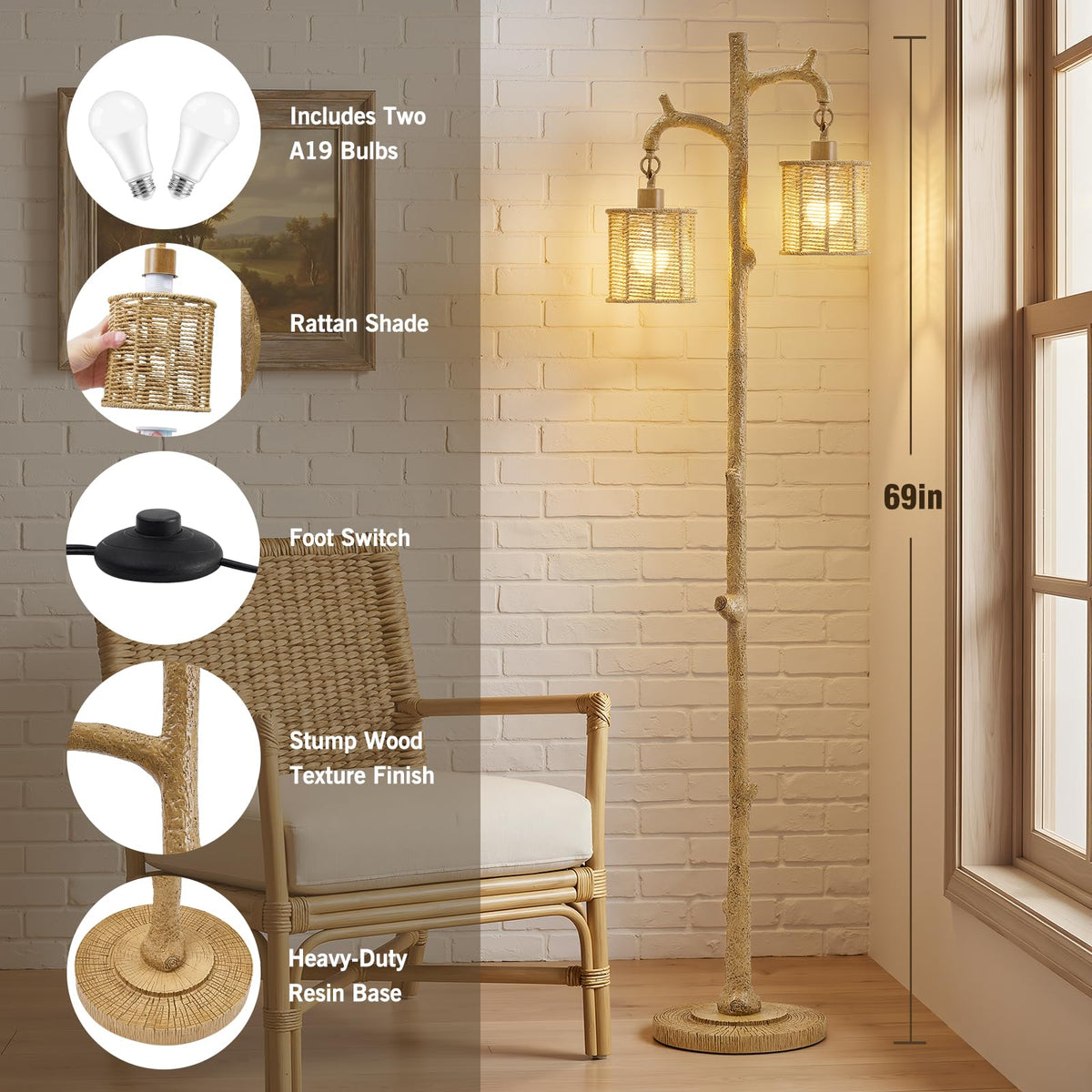 Floor Lamp - 69" Farmhouse Tree Trunk Standing Lamps - Country Resin Tall Lamp with 2 Rattan Lampshade - Rustic Floor