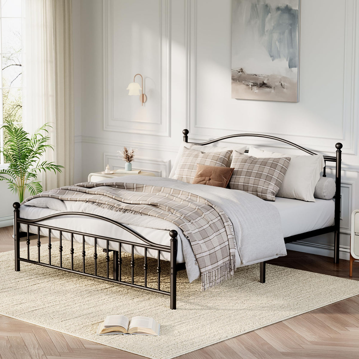 Metal Platform Bed Frame with Vintage Circular Headboard and Footboard, Heavy-Duty Iron Frame, No Box