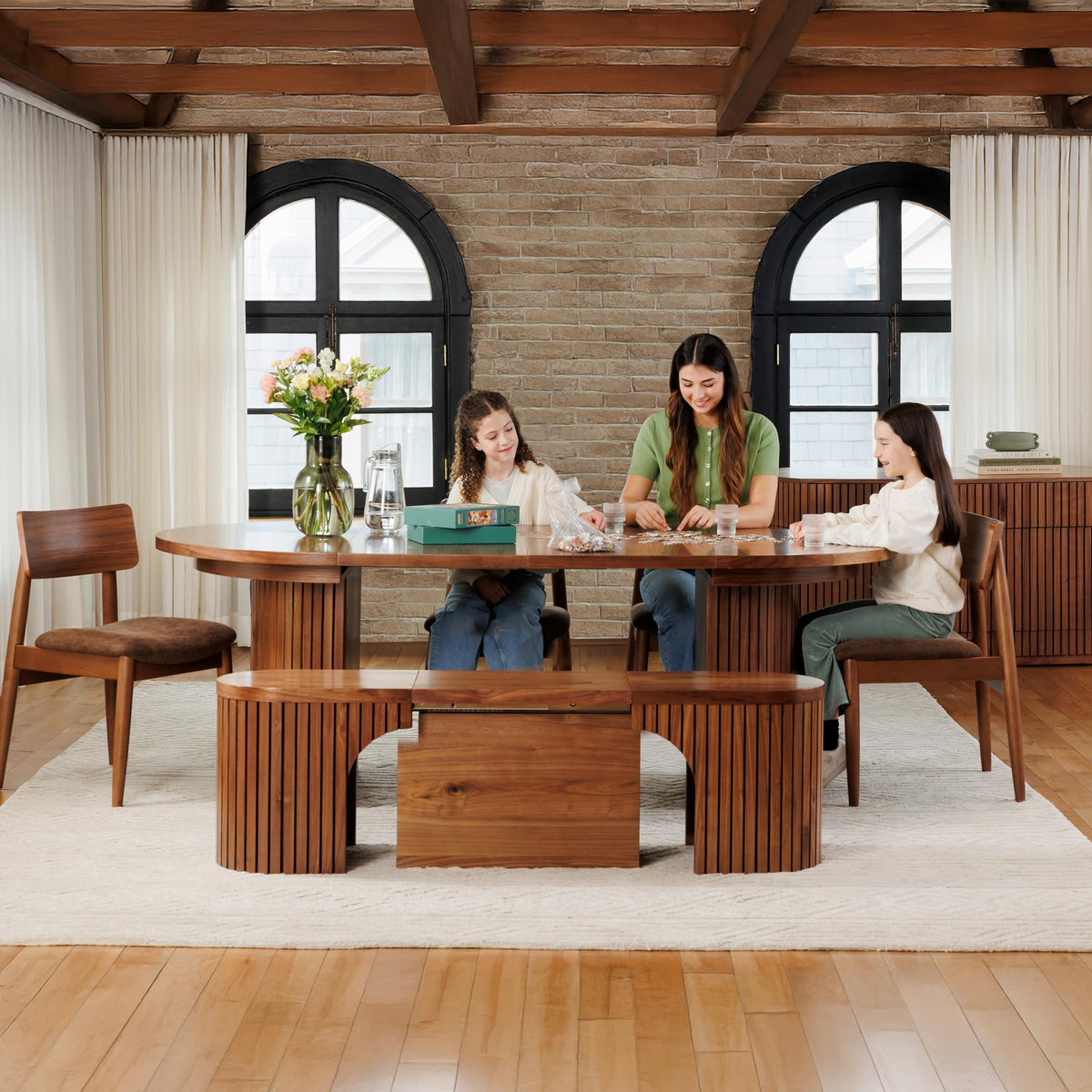 Solid Wood Extendable Round Dining Table Set, Royal Brown