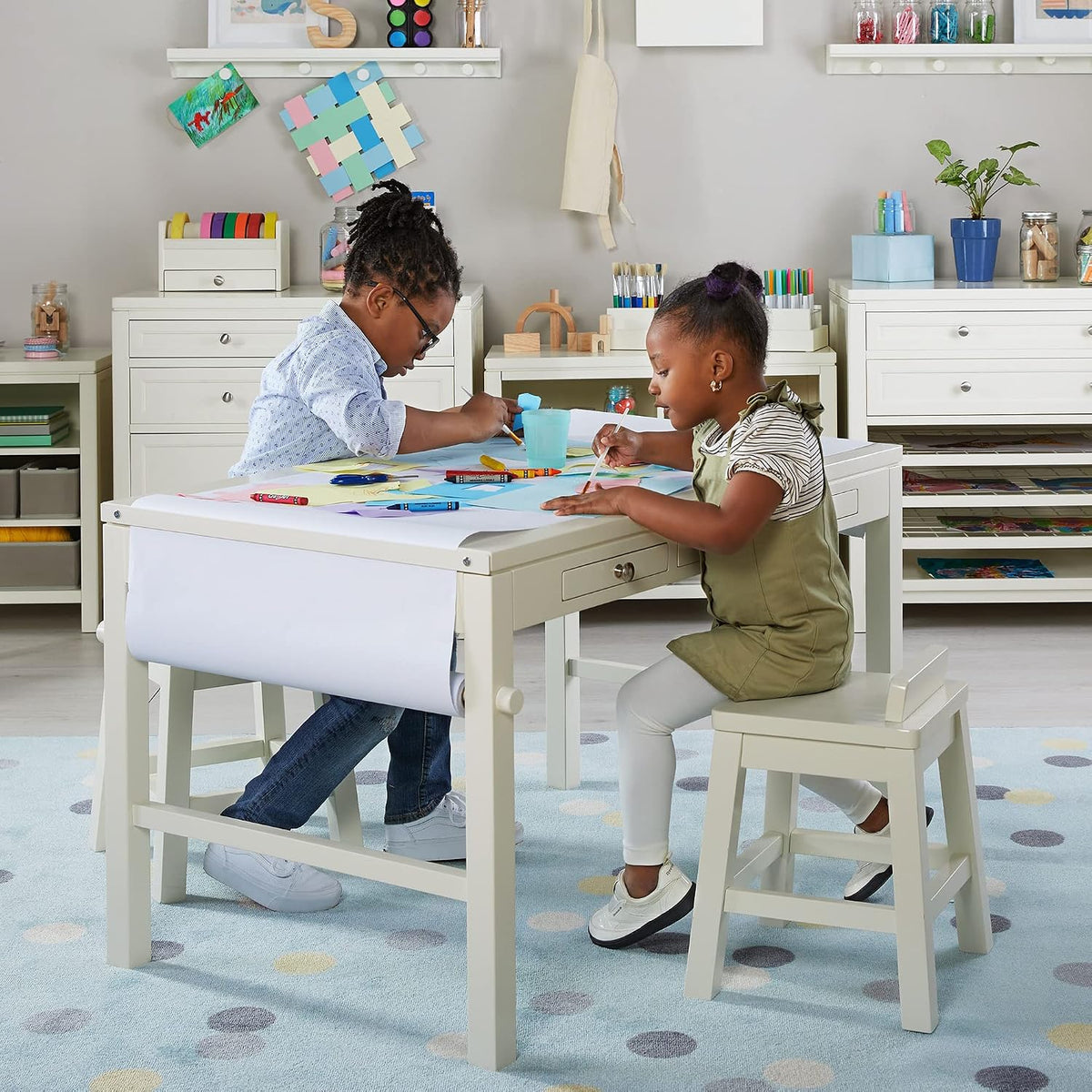 Crafting Kids Art Table with Paper Roll - Linen White: Kids Craft Desk and Art Organizer for Kids | Wooden Toddler