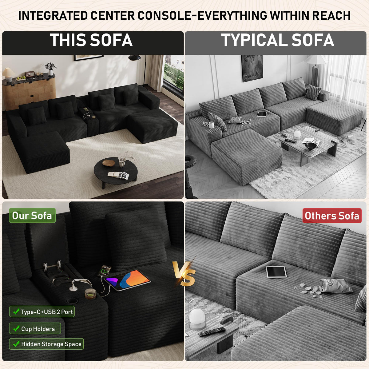 151" U Shaped Modular Sectional, Storage Console, 6 Seater, Light Black