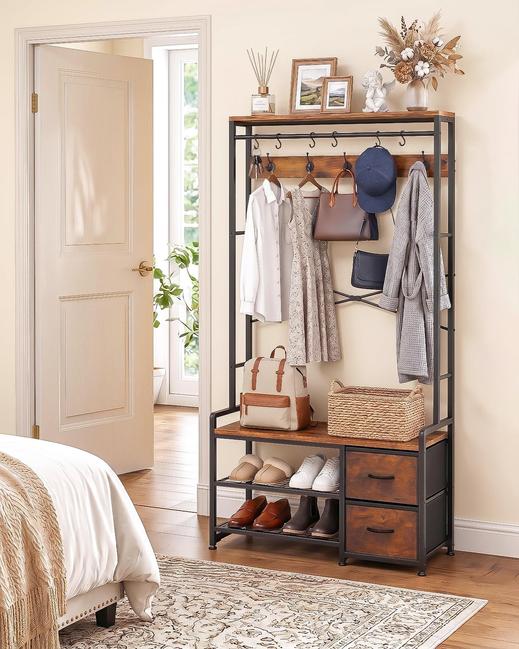 Hall Tree with Bench and Shoe Storage, Rustic Brown