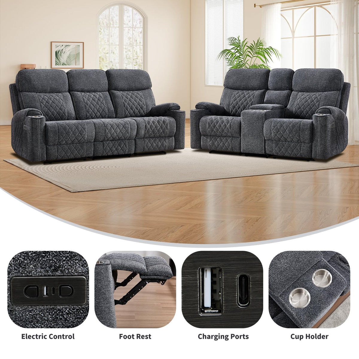 Power Reclining Sofa Set, Fabric Electric Recliner Loveseat and 3 Seater Sofa Couch with Cup Holders, USB Type-C