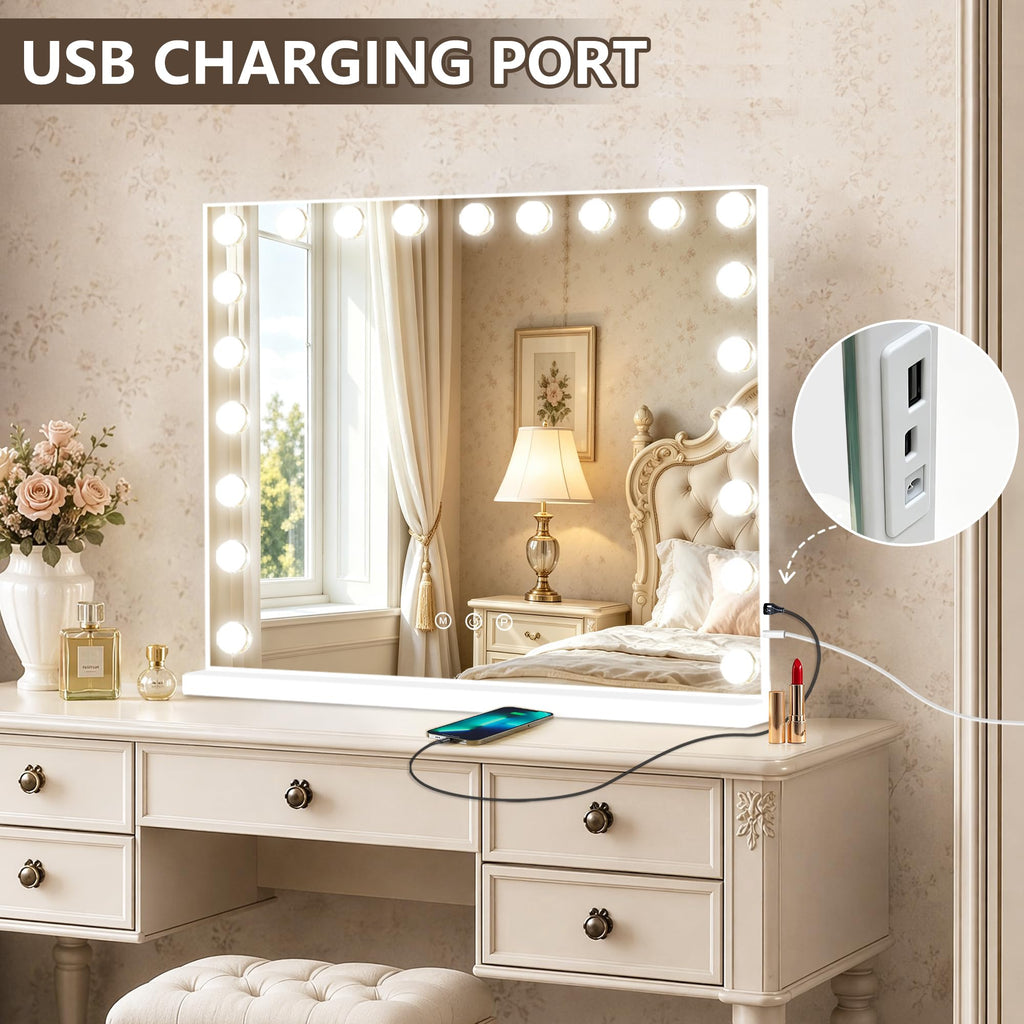 Hollywood Vanity Mirror with Lights, 21 Dimmable Bulbs, 3 Color Lights,Make Up Lighted Mirror, Aluminum Metal Frame