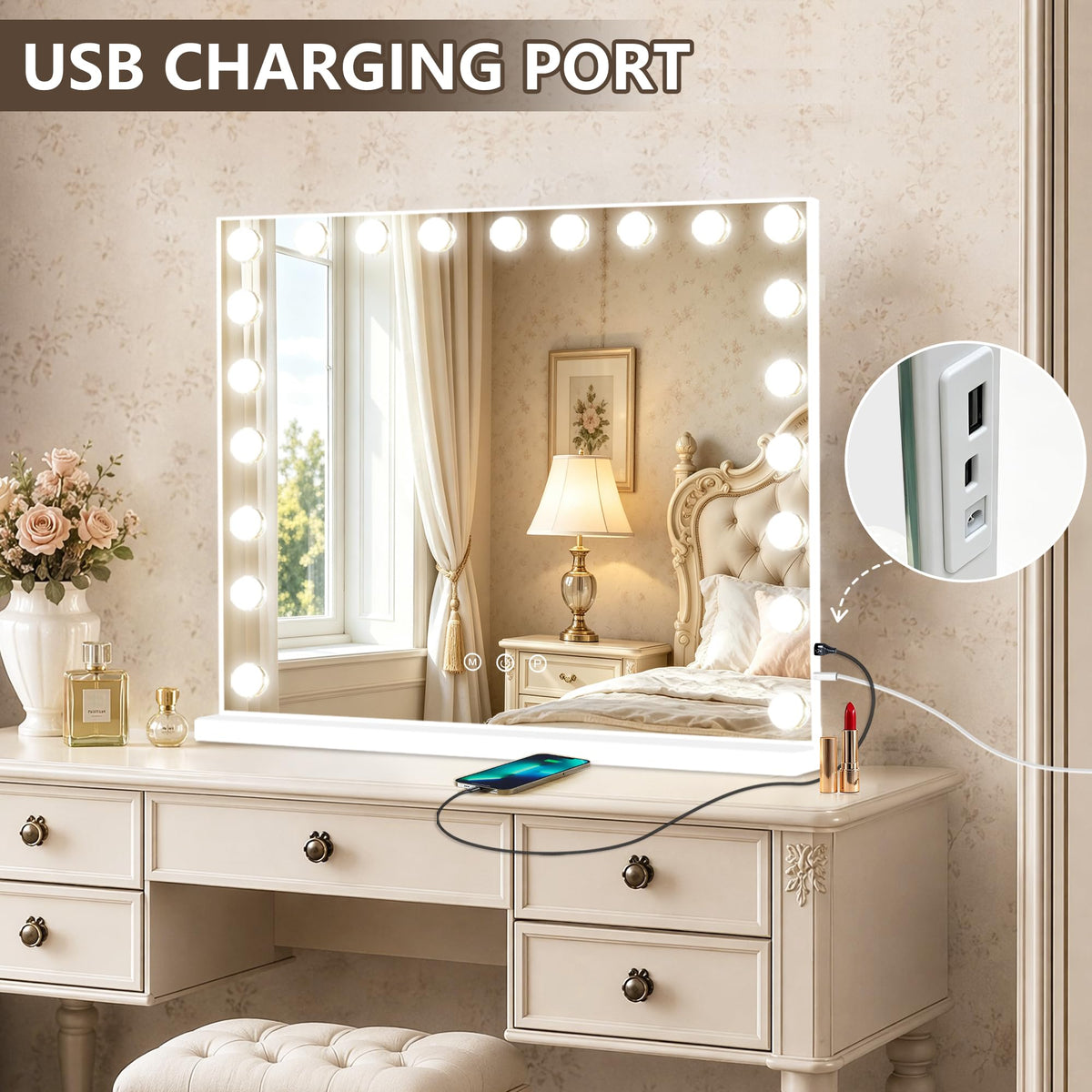 Hollywood Vanity Mirror with Lights, 21 Dimmable Bulbs, 3 Color Lights,Make Up Lighted Mirror, Aluminum Metal Frame