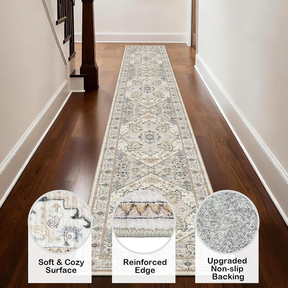 Boho Washable Runner Rugs Beige Non Slip Low Pile Long Runner Rug, Stain Resistant Soft Faux Wool Runners