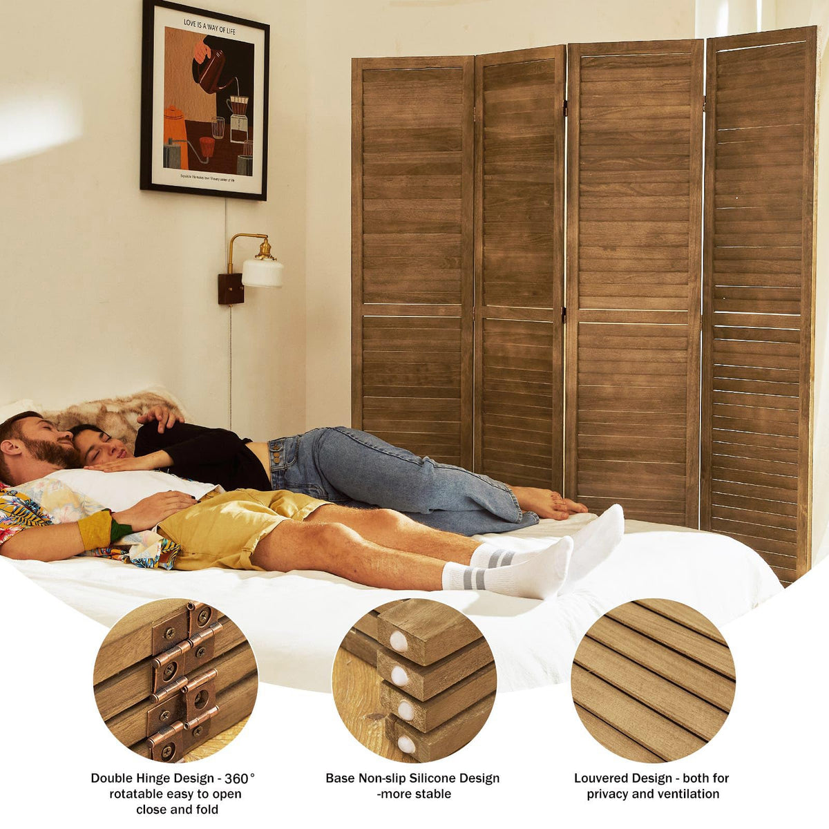 Room Dividers and Folding Privacy Screens, Wood Louvered Separators Divider Wall Bedroom - 4 Panels, 63 * 67inch