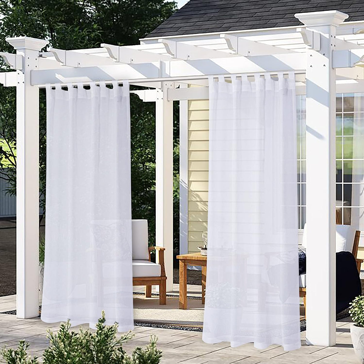 Burlap Linen Look Outdoor Curtains 2 Panels | Waterproof Tab Top Sheer Curtains for Pergola, Porch, Cabana, Gazebo