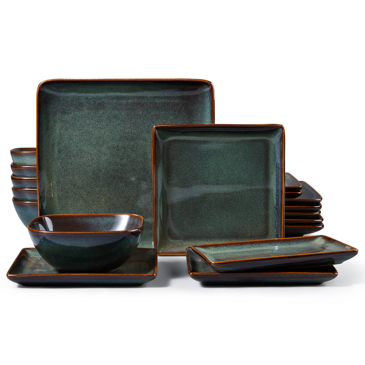 18-Piece Square Stoneware Dinnerware Sets for 6, Reactive Green Glaze