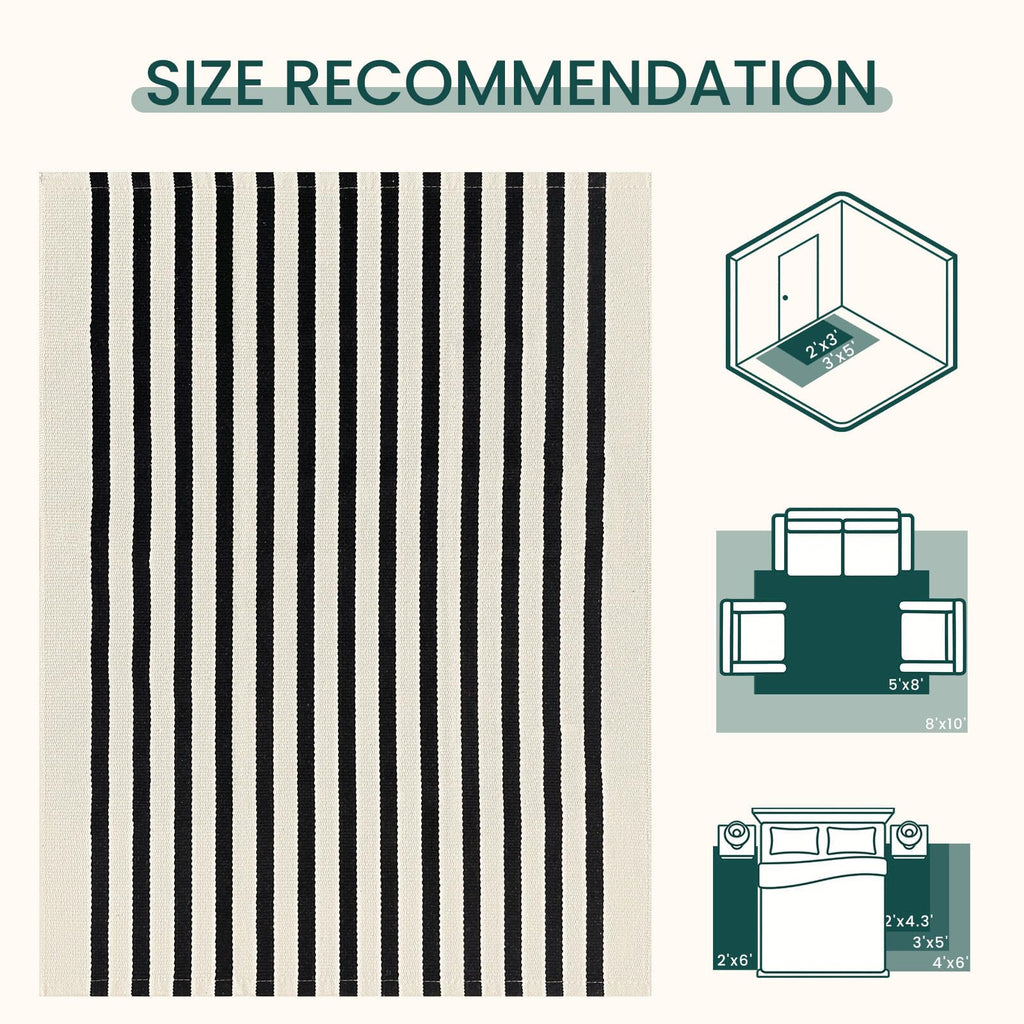 3'x5' Cotton Area Rug, Black and Beige Striped Outdoor Rug, Hand-Woven, Machine Washable, Perfect for Front Door