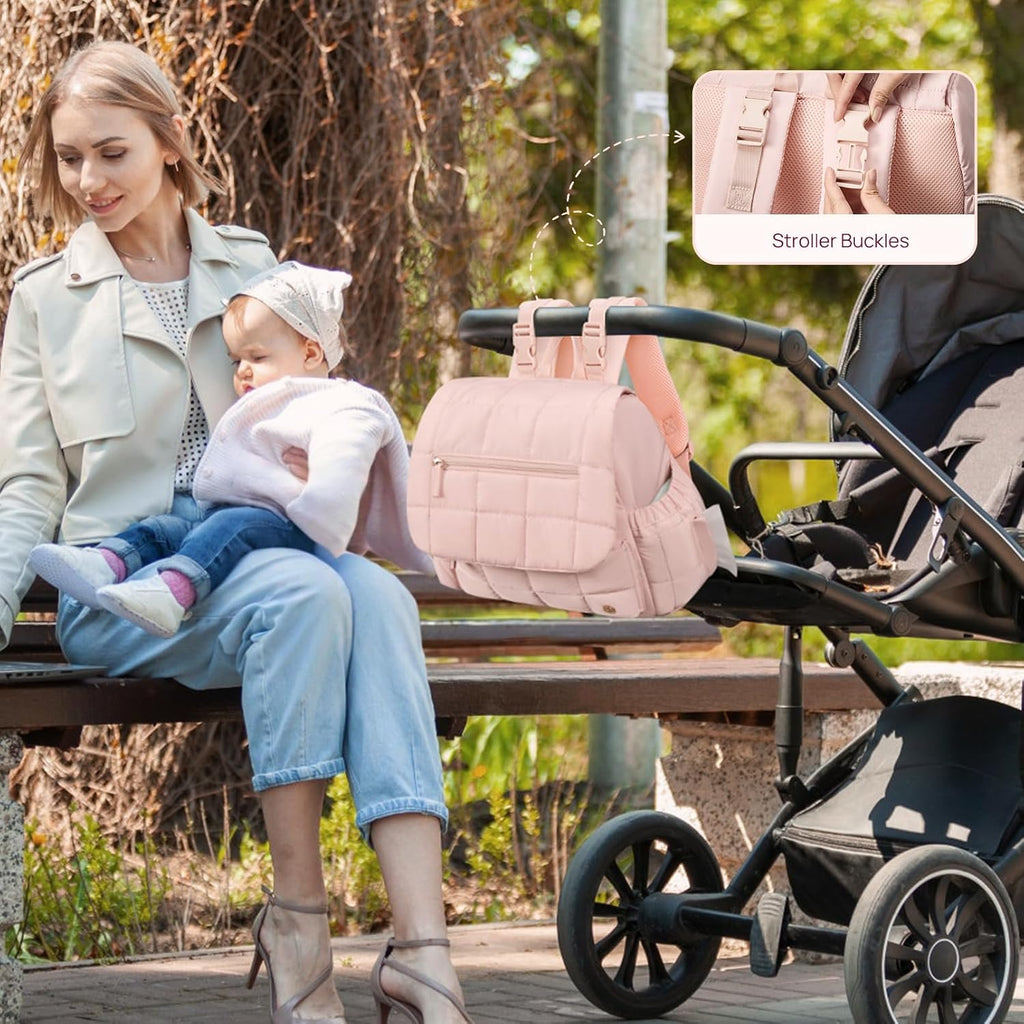 Diaper Bag Mini Diaper Backpack with Changing Pad, Puffer Baby Travel Bag with Insulated Pockets, Stroller Straps