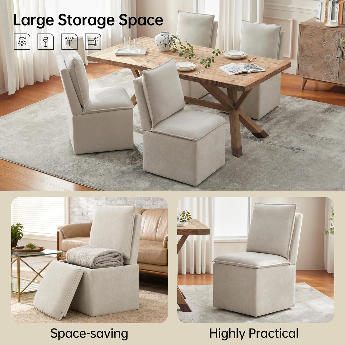 Upholstered Dining Chairs Set of 2, Modern Rolling Chairs with Storage and Wheels, Linen Armless Chair with Cushion