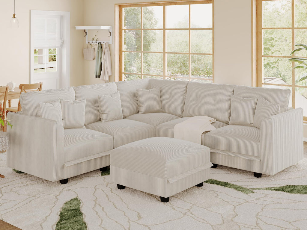 Sectional Sofa Modular Cloud Couch with 6 Storage Seats & 6 Throw Pillows, Corduroy U Shaped Couches, Rearrangable