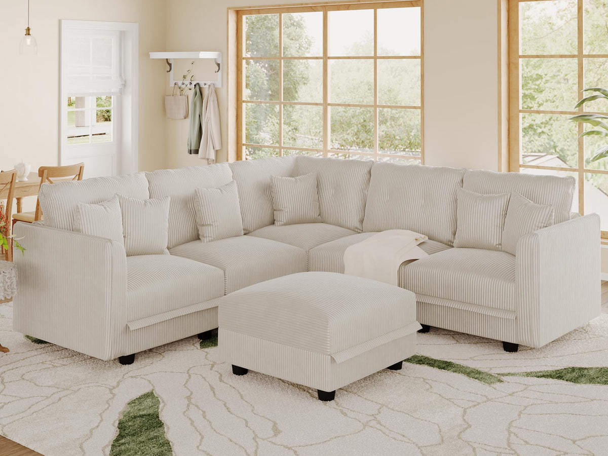 Sectional Sofa Modular Cloud Couch with 6 Storage Seats & 6 Throw Pillows, Corduroy U Shaped Couches, Rearrangable