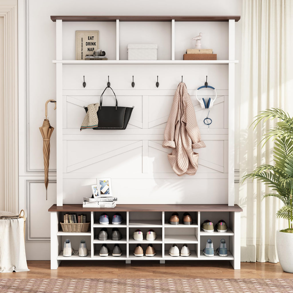 Farmhouse Wood Hall Tree with 6 Hooks and Entryway Shoe Bench, White