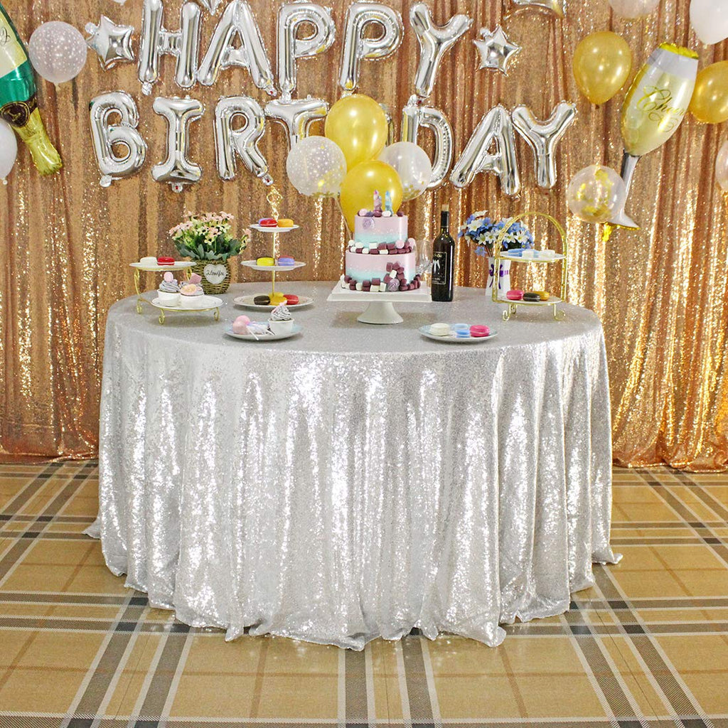 Silver Sequin Tablecloth, Glitter Party Table Cover 120 Inch Round