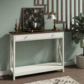 Farmhouse Console Table with Drawer and Storage Shelves, Foyer Sofa Table Narrow, Antique White & Brown