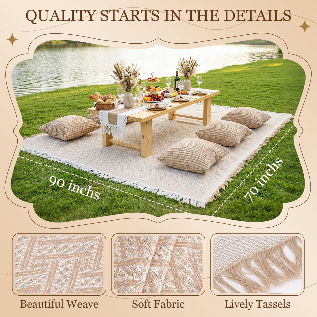 Extra Large Outdoor Rug Boho Picnic Blanket with Table Runner and 6 Throw Pillows Covers for Outdoor Essentials Beach