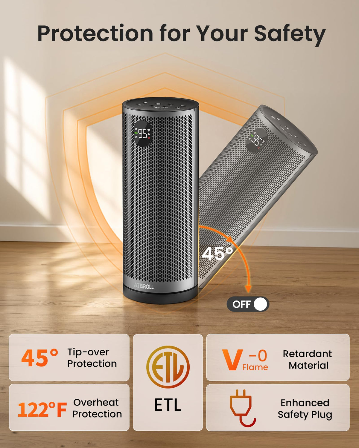 Space Heater for Indoor Use, Portable Heaters with 75° Oscillation
