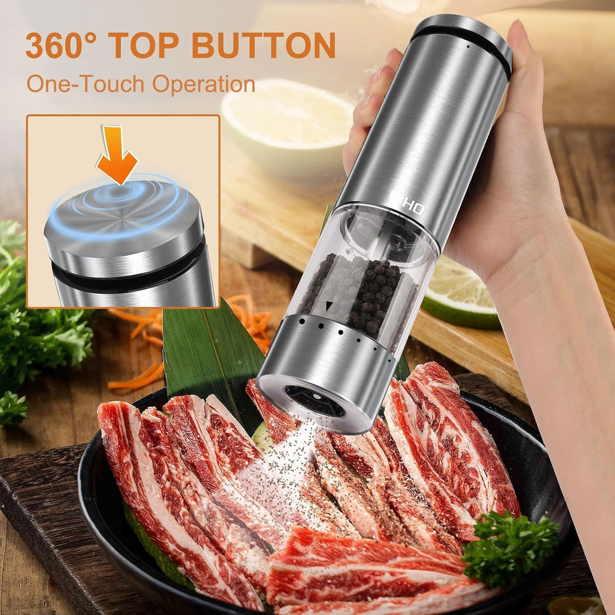 Electric Salt and Pepper Grinder Set Rechargeable, Automatic Salt and Pepper Shakers Mills External Adjustable - Set of 2
