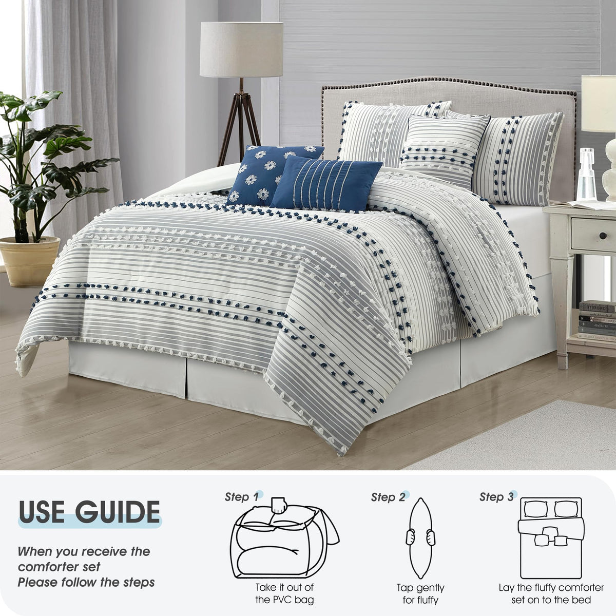 Comforter Set, Blue, Jacquard Clip Striped Design, Elegant Soft 7 Pieces Bedding Set for All Seasons, Matching