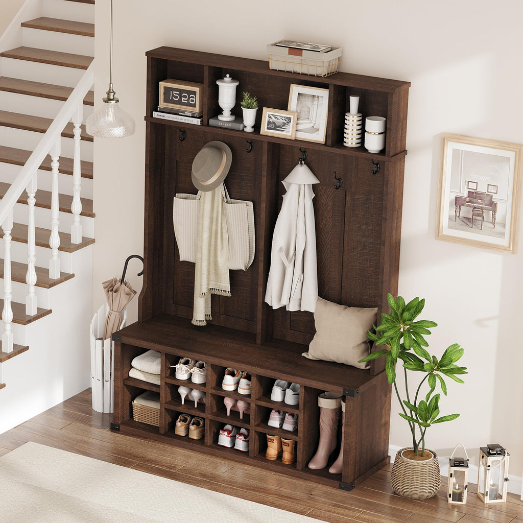 Farmhouse Hall Tree with Shoe Bench Coat Rack & Entryway Storage