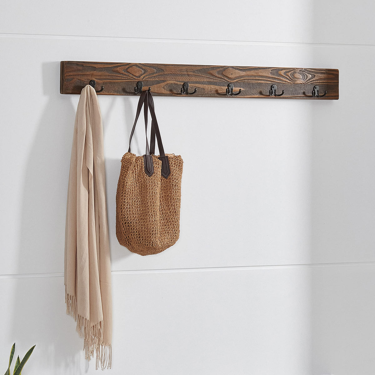 Pomona Solid Wood Entryway Bench and Coat Hook Set, Rustic Brown, 48 Inch