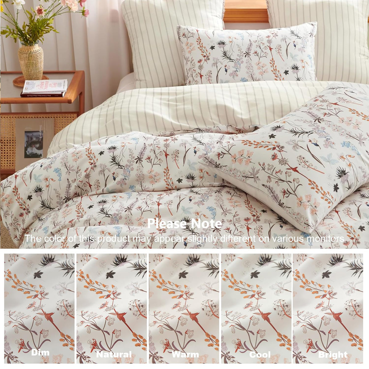 Floral Duvet Cover 3 Pieces Aesthetic Reversible Striped Bedding Set Farmhouse Botanical Flowers Design Soft