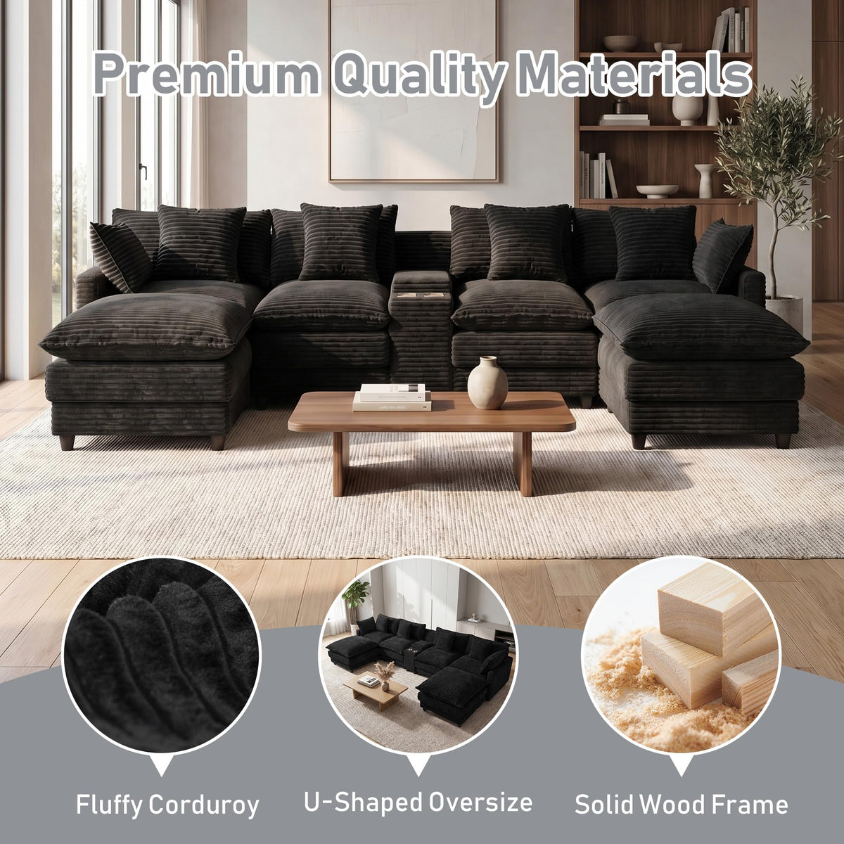 143" Oversized U Shaped Cloud Couch Sectional Sofa with 2 Ottoman, Black