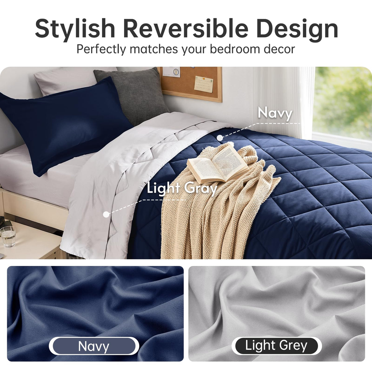 Comforter Set 5 Pieces, Reversible Bed in a Bag, Navy/Light Grey