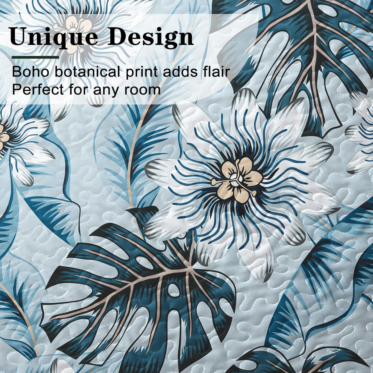 Quilt Bedding Set, White Green Botanical Pattern Light Blue Quilt Set, 3 Piece Lightweight Soft Summer